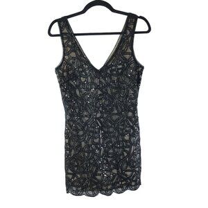 Bebe Shift Dress Organza V Neck Sleeveless Flapper Sequin Scalloped Hem Black XS